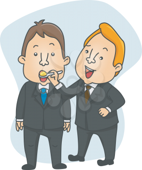 Royalty Free Clipart Image of a Man in a Suit Feeding Another Man in a Suit