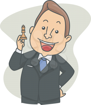 Royalty Free Clipart Image of a Man in a Suit Holding a Chess Piece