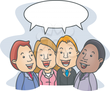 Royalty Free Clipart Image of Four People With a Speech Bubble