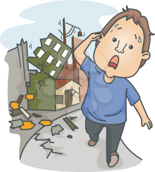 Royalty Free Clipart Image of a Man Walking Away From Demolished Buildings