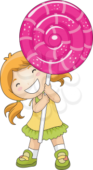Royalty Free Clipart Image of a Girl With a Huge Lollipop