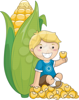 Royalty Free Clipart Image of a Boy With a Huge Ear of Corn
