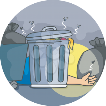 Royalty Free Clipart Image of a Hand Showing From Behind a Garbage Can
