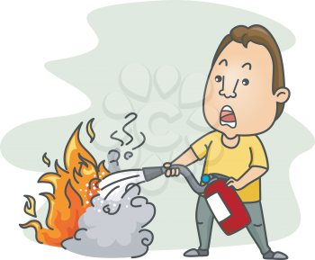 Royalty Free Clipart Image of a Man Extinguishing a Fire