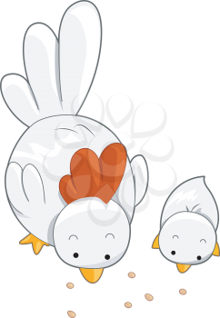 Royalty Free Clipart Image of a Hen and Chick Eating