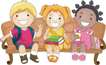 Royalty Free Clipart Image of Three Children on a Bench