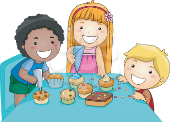 Royalty Free Clipart Image of Children Decorating Cupcakes