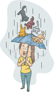 Royalty Free Clipart Image of a Woman With Cats and Dogs Falling on Her Umbrella