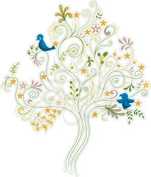 Royalty Free Clipart Image of an Abstract Tree With Bluebirds