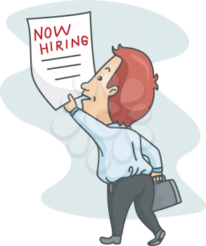 Royalty Free Clipart Image of a Man Grabbing a Now Hiring Poster