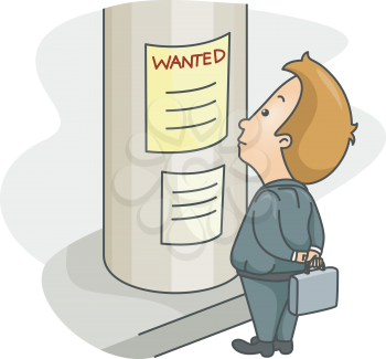 Royalty Free Clipart Image of a Man Reading a Wanted Sign