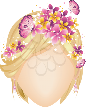 Royalty Free Clipart Image of a Faceless Girl With Flowers and Butterflies in Her Hair
