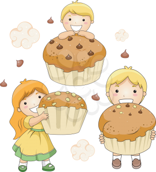 Royalty Free Clipart Image of a Child and Giant Cupcakes