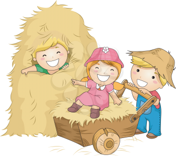 Royalty Free Clipart Image of Children Playing in the Hay