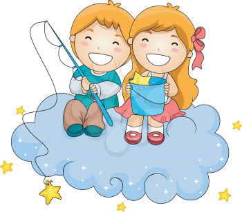 Royalty Free Clipart Image of a Young Boy and Girl Fishing For Stars From a Cloud