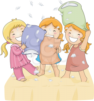 Royalty Free Clipart Image of Three Little Girls Having a Pillow Fight
