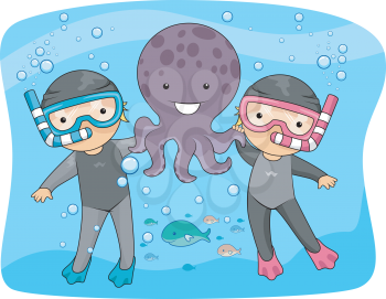 Illustration of an Underwater Scene Featuring Kids Posing with an Octopus