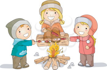 Royalty Free Clipart Image of Kids Roasting Hot Dogs and Marshmallows Around a Winter Campfire