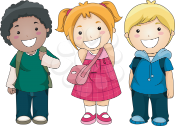 Royalty Free Clipart Image of a Group of Three Children Ready For School