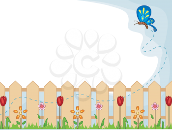 Royalty Free Clipart Image of a Spring Scene With Flowers and a Butterfly at a Fence