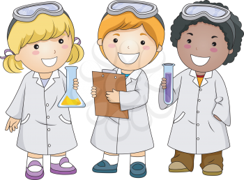 Royalty Free Clipart Image of a Group of Kids in Lab Coats With Chemicals