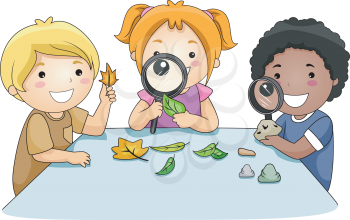 Royalty Free Clipart Image of a Small Group of Kids Studying Leaves Through a Magnifying Glass