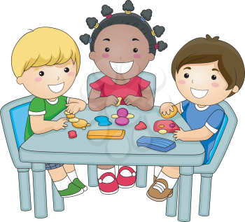 Royalty Free Clipart Image of a Group of Children at a Table Playing With Clay