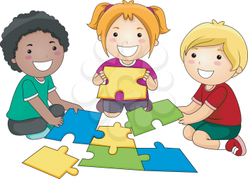 Royalty Free Clipart Image of a Child Doing a Jigsaw Puzzle