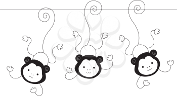 Royalty Free Clipart Image of Three Monkeys Hanging By Their Tails