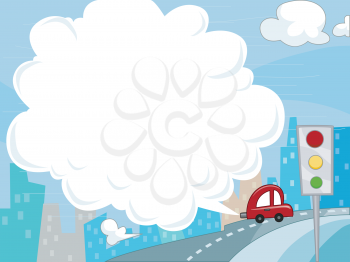 Royalty Free Clipart Image of a Car on a Road With a Speech Bubble