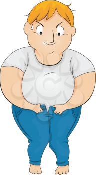 Royalty Free Clipart Image of a Man Trying to Squeeze Into Tight Jeans