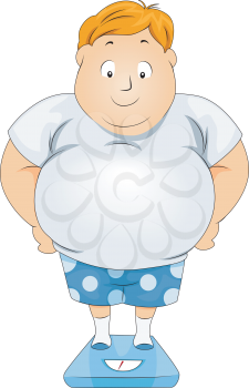 Royalty Free Clipart Image of a Man With a Big Belly Standing on Scales