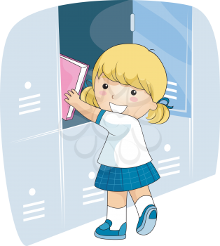 Royalty Free Clipart Image of a Girl in School Uniform Putting a Book in a Locker