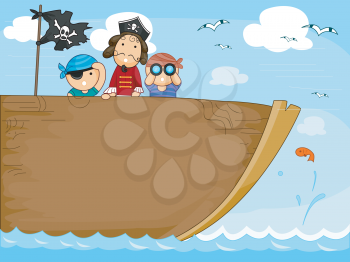 Royalty Free Clipart Image of Three Children on a Pirate Ship