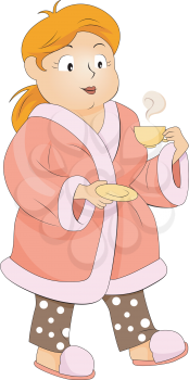 Royalty Free Clipart Image of a Plump Woman With a Coffee
