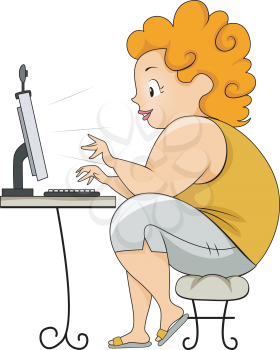 Royalty Free Clipart Image of a Plump Woman at a Computer
