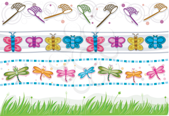 Royalty Free Clipart Image of a Set of Grass and Insect Borders
