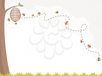 Royalty Free Clipart Image of Bees Around a Hive