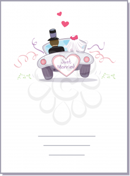 Royalty Free Clipart Image of a Bridal Car Driving Away With Space for Text