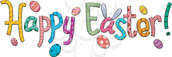 Royalty Free Clipart Image of the Words Happy Easter and Coloured Eggs