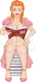Royalty Free Clipart Image of a Redhead Sitting on Books