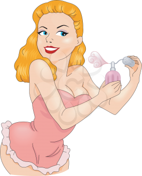Royalty Free Clipart Image of a Woman in Lingerie Spraying Perfume
