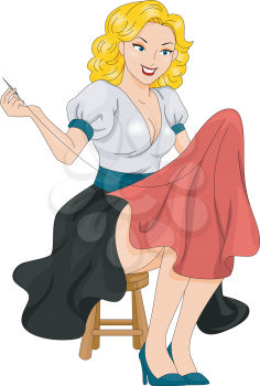 Royalty Free Clipart Image of a Pin-Up Girl Sewing