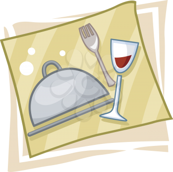 Royalty Free Clipart Image of a Dome Tray, Wineglass and Fork