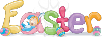 Royalty Free Clipart Image of an Easter Element With a Child and Eggs