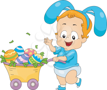 Royalty Free Clipart Image of a Baby in Bunny Ears Pushing a Wagon of Eggs