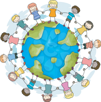 Royalty Free Clipart Image of Children Holding Hands Around a Globe