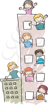 Royalty Free Clipart Image of Children Peeking Out From Apartment Windows