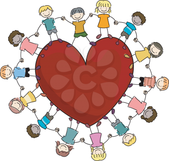 Royalty Free Clipart Image of Children Holding Hands Around a Heart