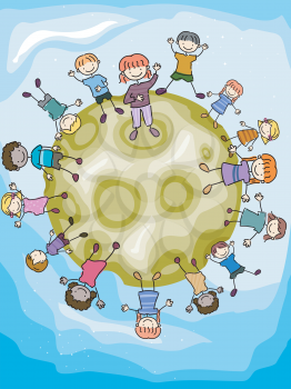 Royalty Free Clipart Image of Children Around a Moon